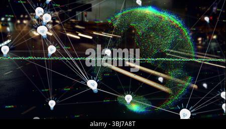 Displaying lightbulb node icons and point-cloud globe on nighttime road, with blurred lights Stock Photo