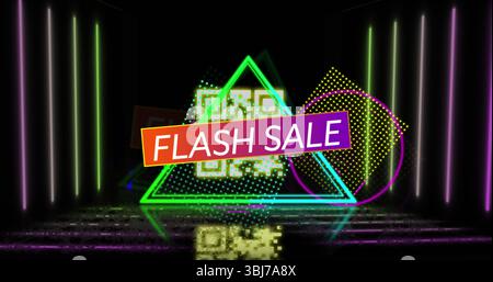Displaying multicolored FLASH SALE banner in neon green triangle on stage, with pixelated QR code Stock Photo