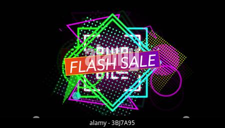 Showing banner with FLASH SALE text amid neon shapes on black backdrop, with halftone dots Stock Photo