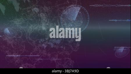Displaying circular radar interface over network mesh and data lines in virtual display, copy space Stock Photo