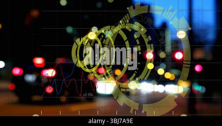 Displaying yellow circular HUD overlaying taillights on urban street at night, with +2 Stock Photo