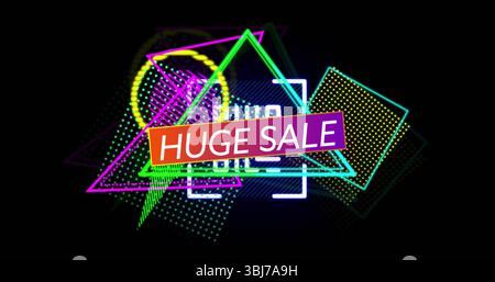 Displaying promotional graphic featuring glowing sale banner on black backdrop, with neon shapes Stock Photo