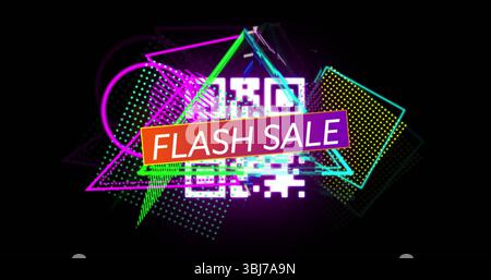 Displaying neon diagonal FLASH SALE banner covering white QR code in online ad with neon outlines Stock Photo