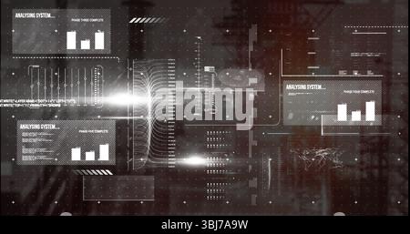 Displaying data panel showing bar charts, code snippets and vertical data flow in virtual dashboard Stock Photo