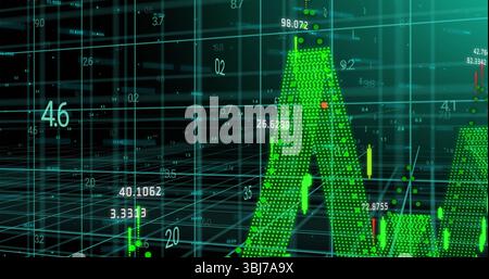 Displaying green 3D bar peak rising in interface, with teal grid matrix, data labels, copy space Stock Photo