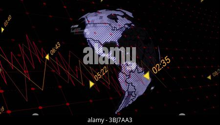 Floating 3D globe rotating over grid, with red-yellow waveforms, triangular markers and timestamps Stock Photo