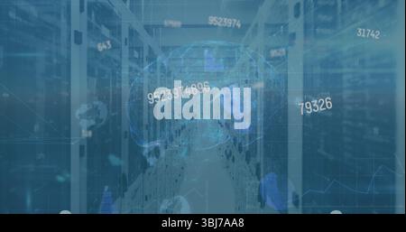 Displaying holographic brain projection hovering in data center aisle, with server racks Stock Photo