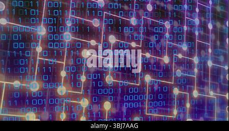 Streaming digital network unfolding on dark purple background, with binary code and glowing nodes Stock Photo