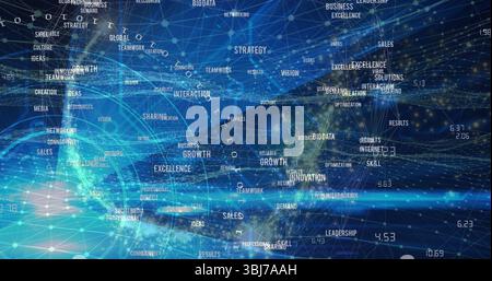 Displaying digital network mesh glowing in cyberspace, with nodes, lines, globe and floating labels Stock Photo