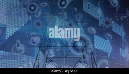 Displaying steel lattice tower showing holographic graphics at network interface with map overlays Stock Photo