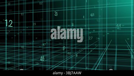 Displaying cyan wireframe lattice extending in virtual data space, with floating numeric labels Stock Photo