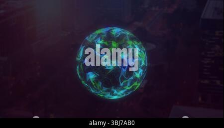 Digital sphere floating in city skyline at night, with glowing triangular facets and luminous lines Stock Photo