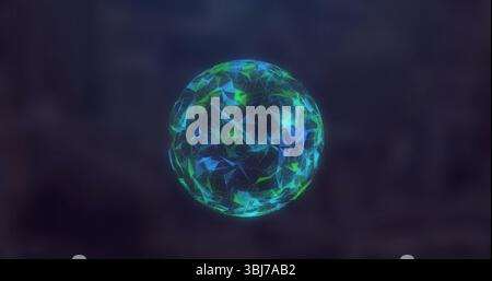 Floating glowing faceted sphere spinning in digital void, with illuminated lines and particles Stock Photo
