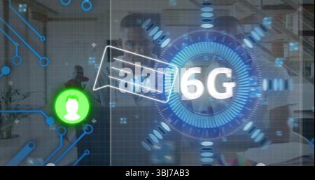 Team wearing lab coat and polo shirt interacting in modern lab, with holographic 6G network icon Stock Photo