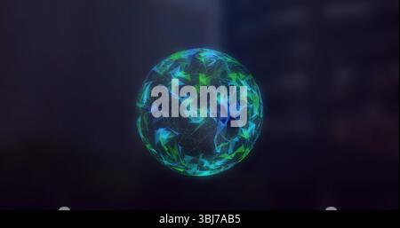 Floating digital sphere pulsing in virtual space, with glowing network nodes and connecting lines Stock Photo