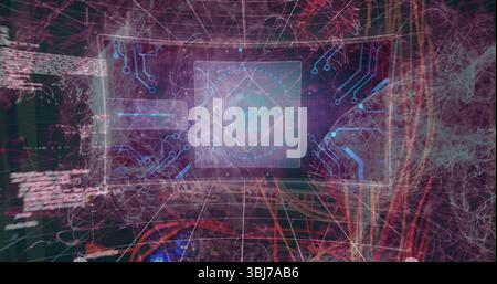 Displaying holographic interface panel floating shapes in cyber data grid, with neon data streams Stock Photo