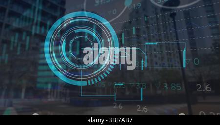 Image of moving clock and scope scanning over green background Stock Photo