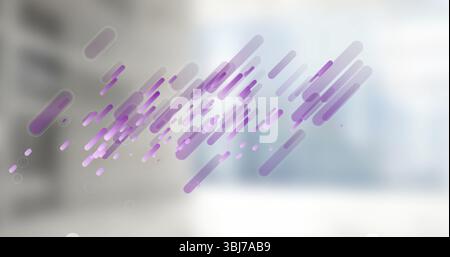 Flowing cluster of purple and violet bars drifting diagonally in office lobby, showing translucency Stock Photo