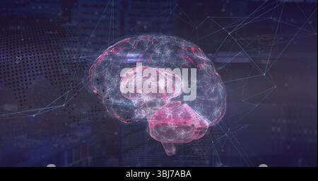 Floating holographic brain model showing neural pathways in data interface, with network nodes Stock Photo