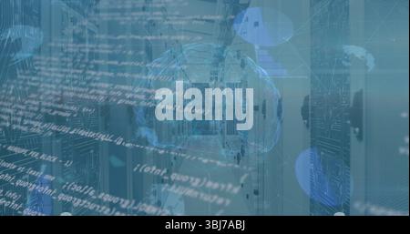 Hovering holographic brain projecting above server racks with LEDs and code streams in data center Stock Photo