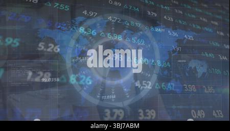 Displaying circular gauge overlaying world map on computer screen, with data panels and code panel Stock Photo