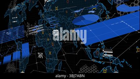 Showing futuristic world map presenting 3D data visuals in analytics interface, with neon panels Stock Photo