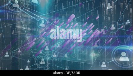 Displaying central user icon nodes connecting across digital interface, with violet teal streams Stock Photo