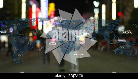 Floating holographic world map projecting data icons over blurred nighttime urban street, neon glow Stock Photo