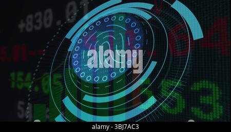Displaying fingerprint icon circulating within concentric rings on dark grid, with green-red data Stock Photo