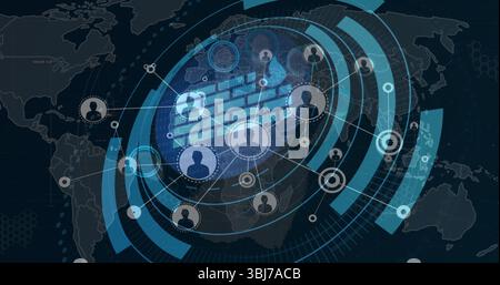 Displaying digital network interface overlaying world map, showing firewall icon and user nodes Stock Photo