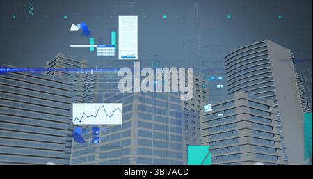 Featuring skyscrapers projecting floating data panels with charts in futuristic financial district Stock Photo