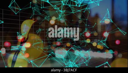Glowing turquoise network mesh pulsing across nighttime city street, with yellow duck silhouette Stock Photo