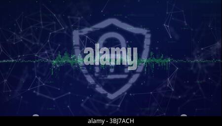 Displaying shield outline containing padlock symbol over network grid, with pulsing green waveform Stock Photo