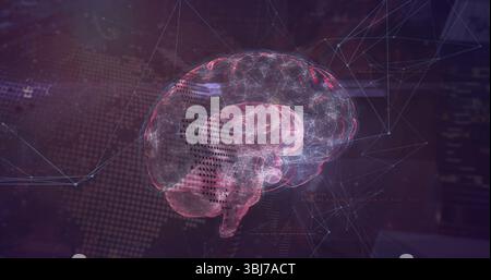 Floating holographic brain model showing glowing pathways and nodes in virtual scene with world map Stock Photo