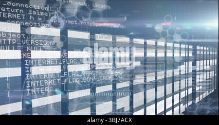 Displaying data corridor extending into virtual matrix with glowing code text and diagrams Stock Photo