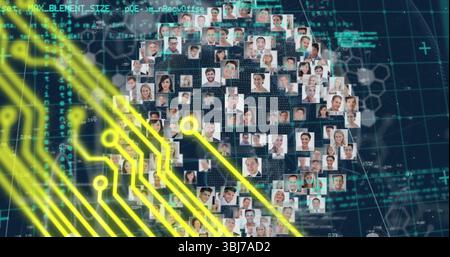 Forming human head silhouette with headshot thumbnails on digital network grid, with neon circuitry Stock Photo
