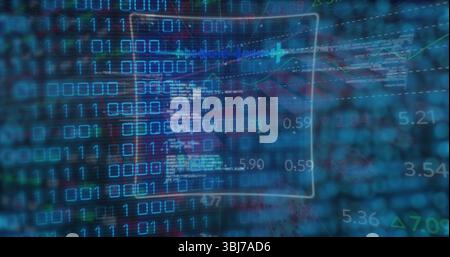 Displaying translucent code window showing binary bits, charts and tickers on software dashboard Stock Photo