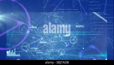 Displaying abstract network diagram on blue interface, with code snippets, nodes, and icons Stock Photo