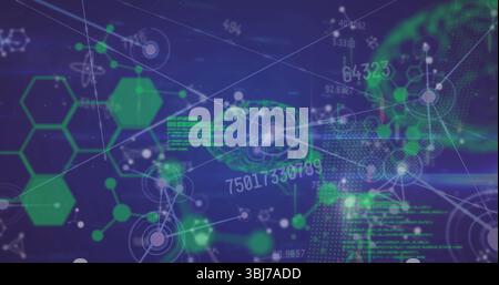 Displaying digital network interface in dark blue field, with green hexagons and circular nodes Stock Photo