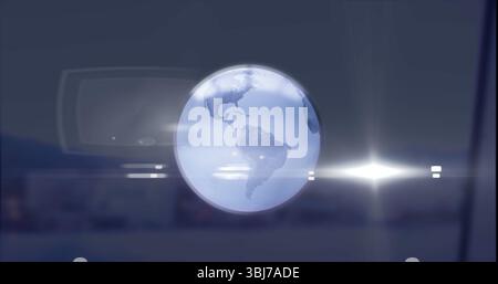 Floating globe showing American continents in digital display, with light flares and UI shapes Stock Photo