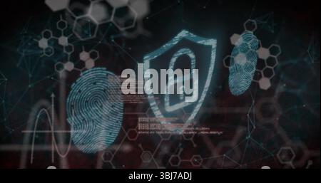 Displaying padlock icon on digital interface, with glowing fingerprint scans and hex patterns Stock Photo