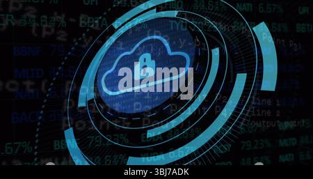 Displaying cloud icon with locked padlock rotating in UI with HUD rings, binary code and metrics Stock Photo