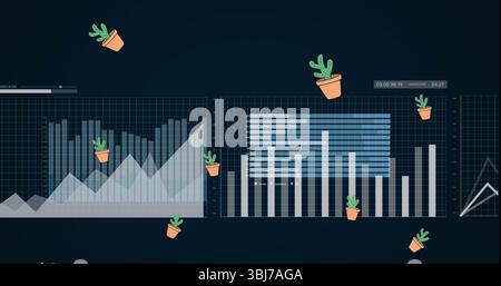 Showing interface featuring area, bar, and line charts on computer dashboard with cactus icons Stock Photo