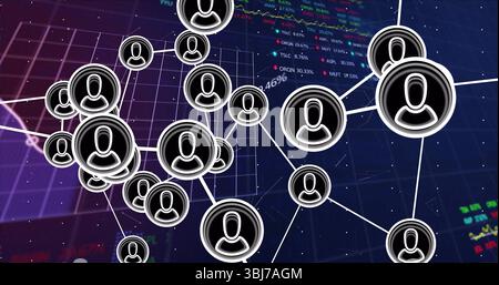 Displaying network visualization connecting user icons over digital grid, with market data overlay Stock Photo