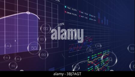 Floating large translucent 5G sphere in virtual workspace, showing 6G orbs, line graphs and ticker Stock Photo