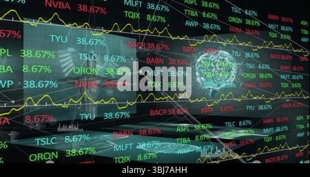 Trader in suit using market data on screens in office, with ticker symbols and wireframe globe Stock Photo
