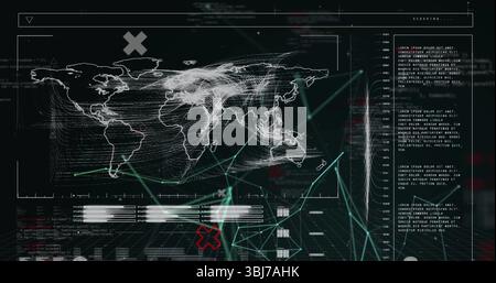 Displaying network traffic on wireframe world map in simulated dashboard, with curved flow lines Stock Photo