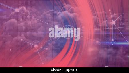 Forming network with white nodes and thin lines on grid with cloud shapes on pink-purple background Stock Photo
