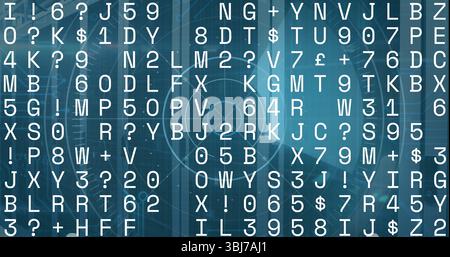 Displaying centered grid of white alphanumeric symbols on blue data interface, with HUD elements Stock Photo