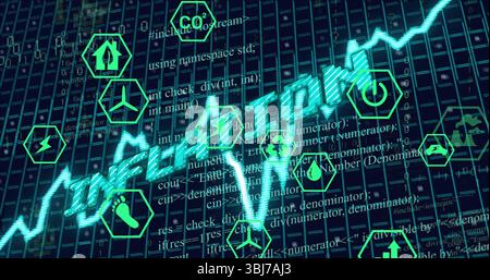 Displaying glowing turquoise CLIMATE RISK letters and chart on dashboard, hex icons and code Stock Photo